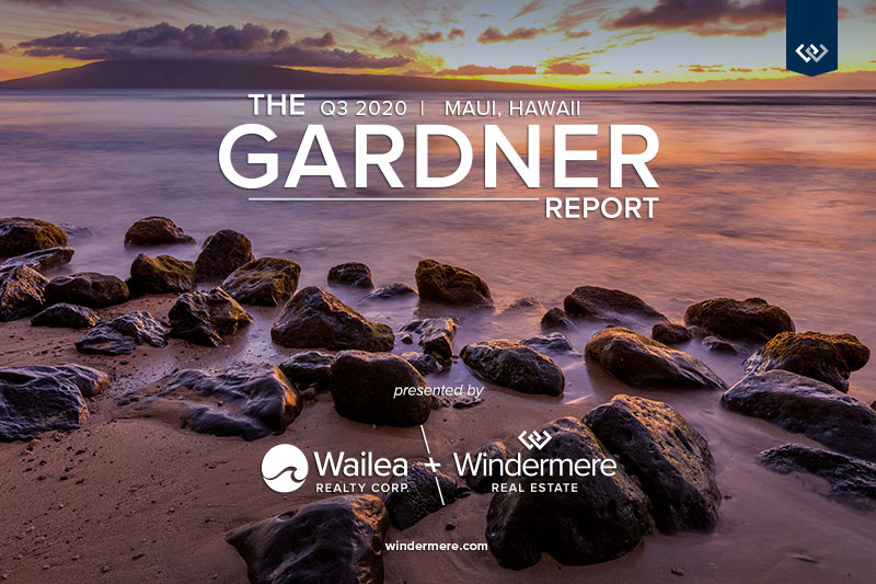 Photo of Hawaiian beach with sunset in the background with the words The q3 2020 Maui, Hawaii Gardner Report presented by Wailea Realty Corp and Windermere Real Estate