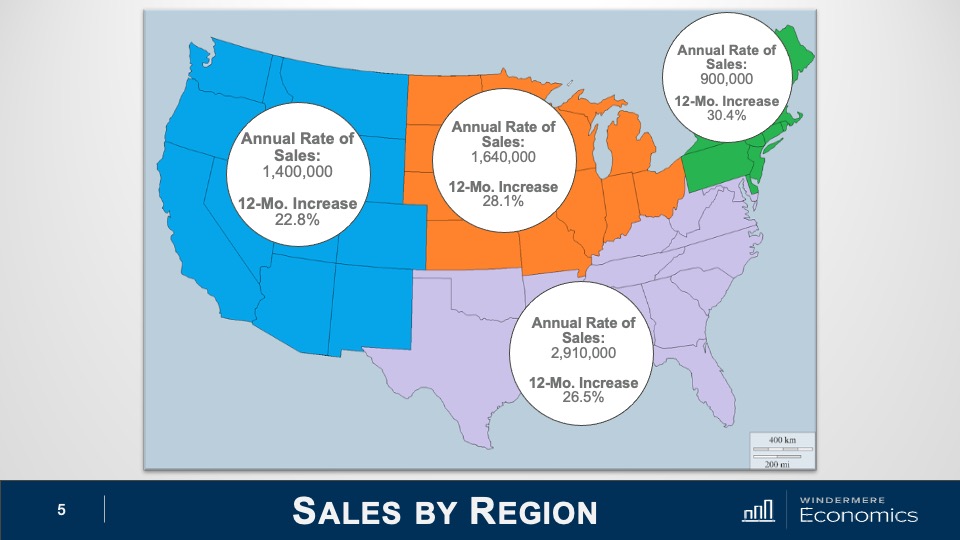 U.S. map showing the annual rate change of home sales 