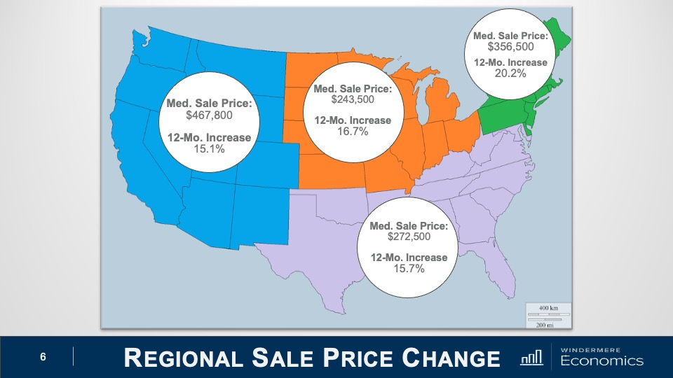 U.S. map showing the rate change of median home sale prices