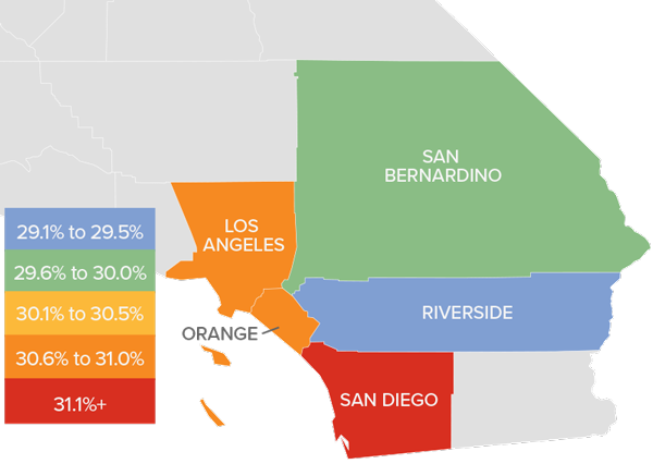 A map showing the real estate market percentage changes in various counties in Southern California.